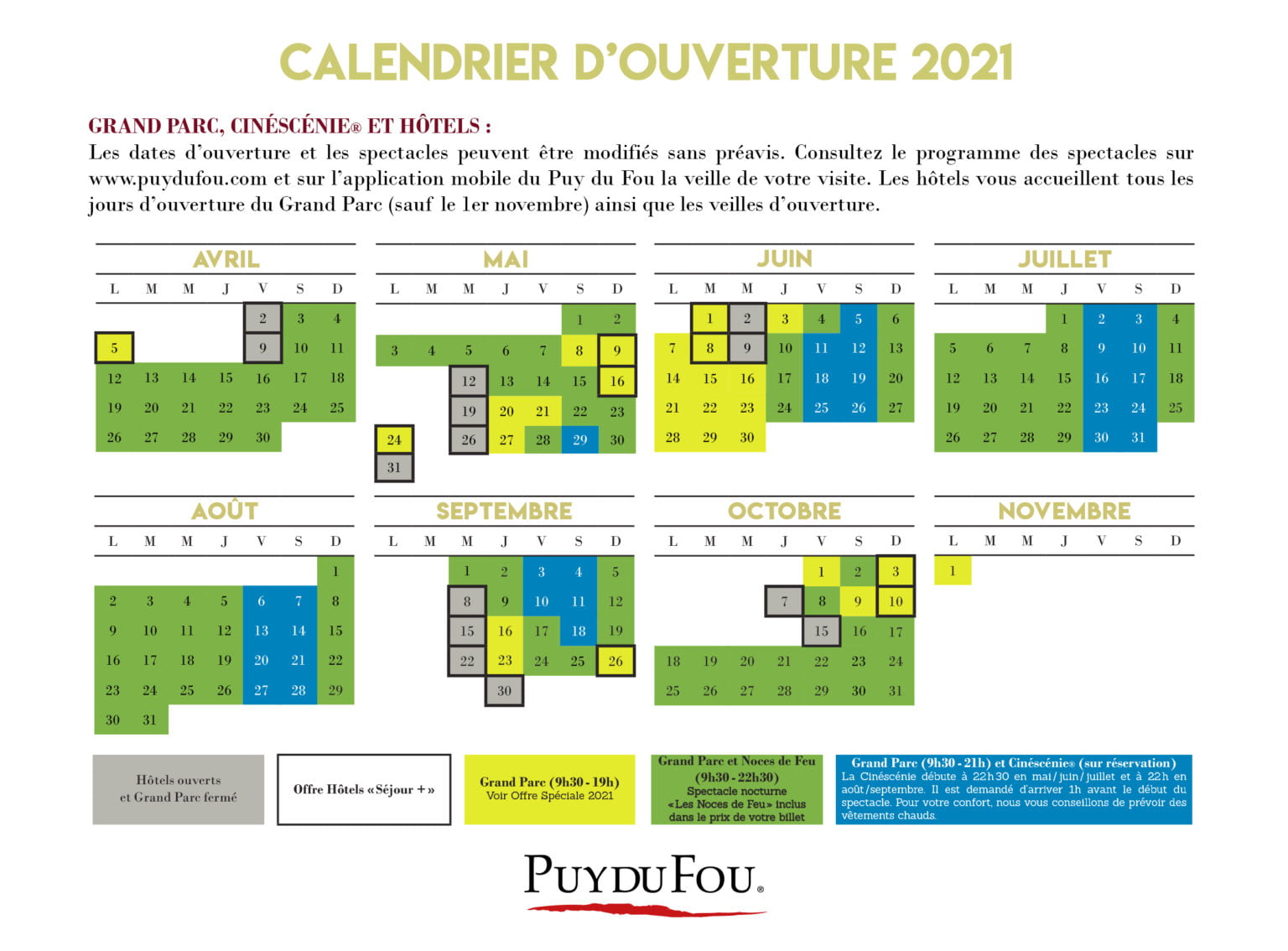 Horaires et Calendrier d'Ouverture du Puy du Fou® - Parc Du Fou